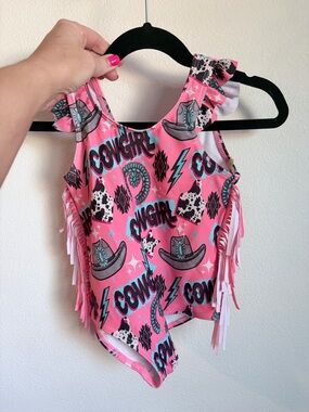 Girls Pink 'Cowgirl' Fringe One-Piece Swimsuit.  Girls small